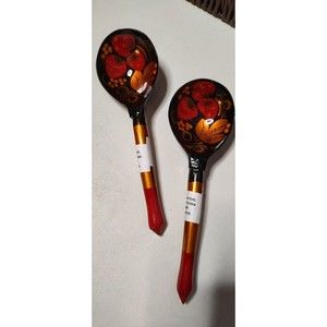 Wooden Spoons Russian Folk Art Vintage  Khokhloma Hand Painted Set of 2